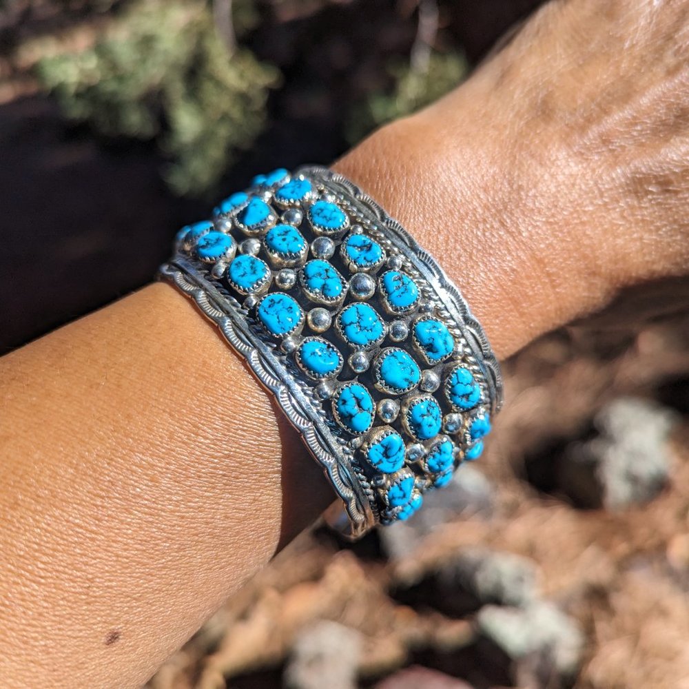 Handcrafted Navajo Turquoise Bracelet Genuine Sterling Silver Jewelry Sz 7.25***